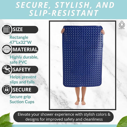 ENKOSI Extra Large Shower Mat Non Slip - 47 x 32 inch - XL Bathroom Shower Mat - Large Shower Matts for Shower Stall Floors - Secure Suction Cups and Drain Holes (47x32 Navy Blue)