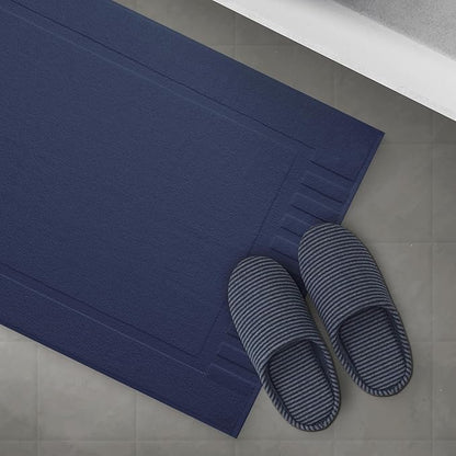 White Classic Luxury Bath Mat Floor Towel Set - Absorbent Cotton Hotel Spa Shower/Bathtub Mats [Not a Bathroom Rug] 22"x34" | 2 Pack | Navy Blue