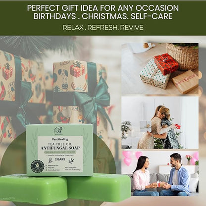 Romancy Tea Tree Antifungal Soap Bar for Face & Body, Antifungal & Antibacterial Cleansing Bars, Helps Control Body Odor, For Acne-Prone & Itchy Skin, Gift Ready, 2-Pack Christmas Gift