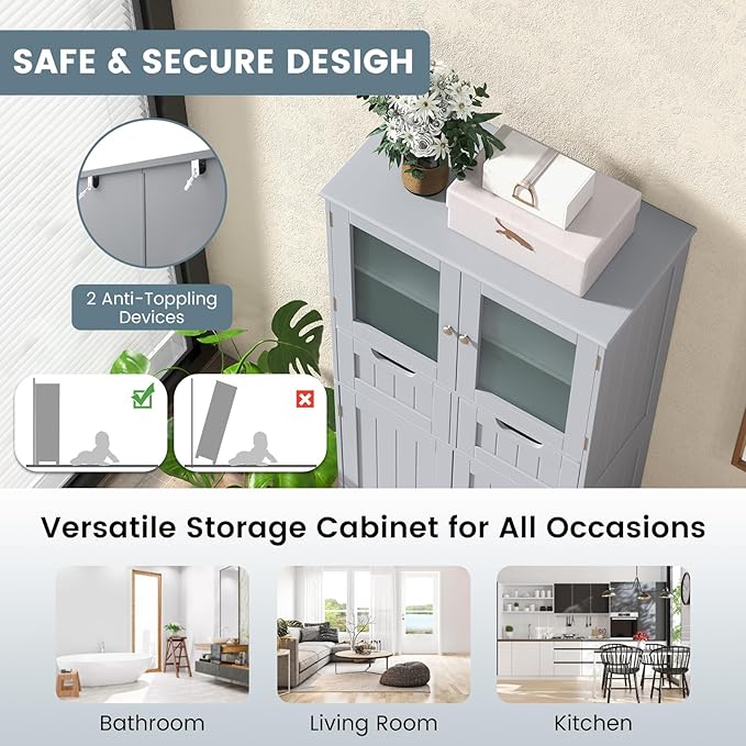 COSTWAY Bathroom Storage Cabinet, Freestanding Bathroom Organizer with Glass Doors, 2 Drawers and 2 Adjustable Shelves, Tall Linen Floor Cabinet for Bathroom, Living Room, Kitchen (Gray)