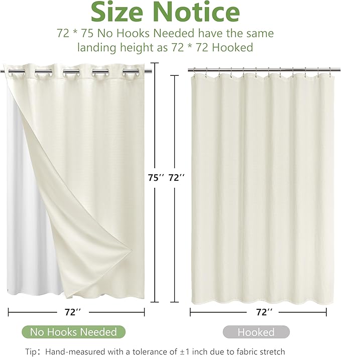 No Hook Waffle Weave Shower Curtain with Snap-in Fabric Liner,256GSM Heavy Duty Fabric Shower Curtain Set,Cream Waterproof Washable Luxury Shower Curtain for Bathroom Stall (72x75 Inch)