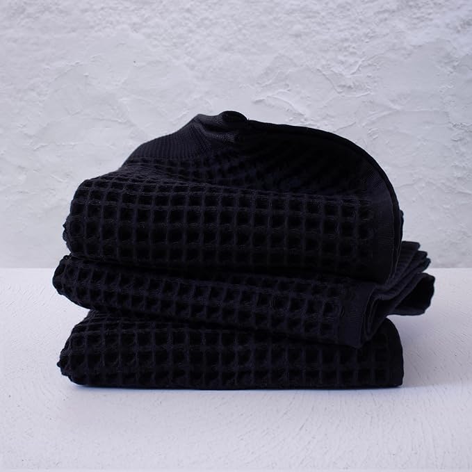 PÜSKÜL Organic Waffle Hand & Kitchen Towel 100% Turkish Cotton Set of 3 Black - Premium Quality, Soft, Quick-Dry, Absorbent, Lint-Free Waffle Weave Towels (3, Black)