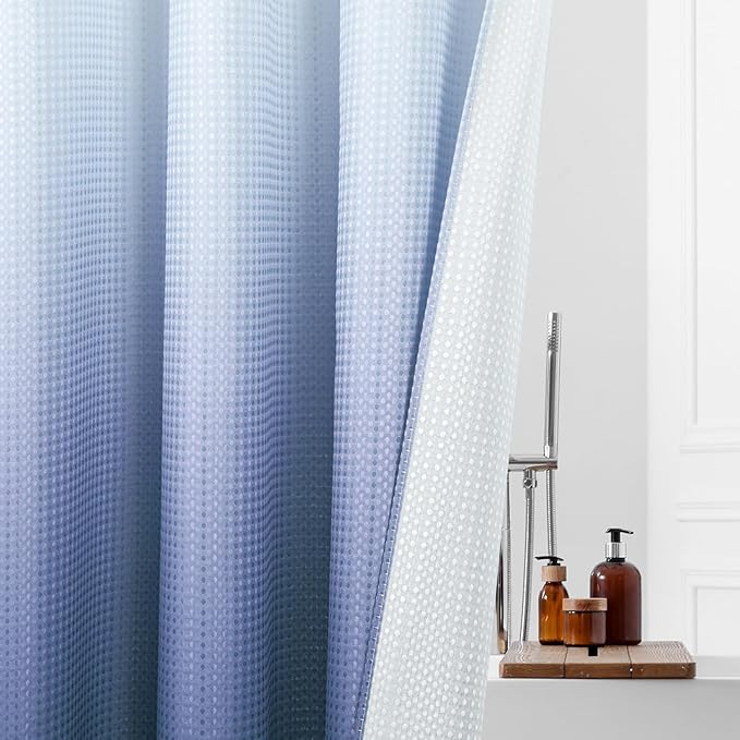 MitoVilla No Hooks Required Navy Blue Shower Curtain Liner Set, Modern Blue Ombre Waffle Weave Heavy Duty Fabric Shower Curtain with Snap-in Liner for Luxury Neutral Hotel Spa Bathroom Decor, 72 x 74