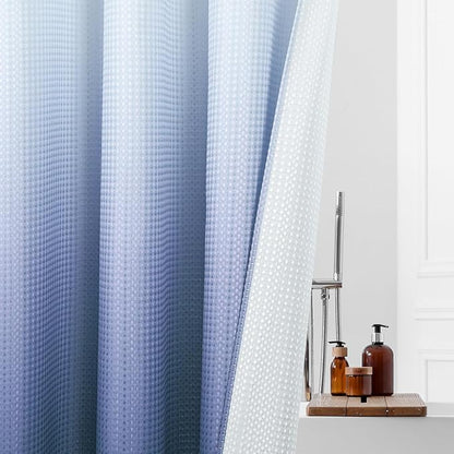 MitoVilla No Hooks Required Navy Blue Shower Curtain Liner Set, Modern Blue Ombre Waffle Weave Heavy Duty Fabric Shower Curtain with Snap-in Liner for Luxury Neutral Hotel Spa Bathroom Decor, 72 x 74