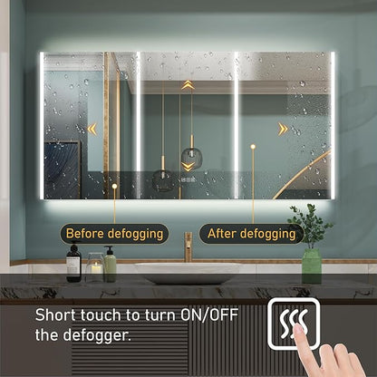 WELLFOR 60" x 30" LED Mirrored Bathroom Cabinet, Mirror Medicine Cabinet with Lights, Defogging LED Mirror Cabinet with Outlets & USB Ports, Surface Mounted, Three Doors, Hardwired Connected