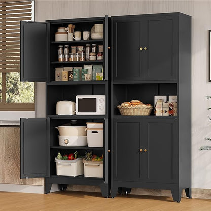 Metal Storage Cabinet, 69" Tall Bathroom Cabinets with 4 Doors & 3 Adjustable Shelves Large Cupboard, Black Metal Pantry Cabinets for Kitchen, Home Office, Garage, Warehouse