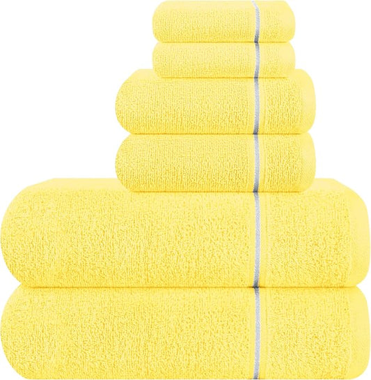 MyOwn Ultra Soft 6 Pack Cotton Towel Set, Contains 2 Bath Towels 28x55 inch, 2 Hand Towels 16x24 inch & 2 Wash Coths 12x12 inch, Ideal Everyday use, Compact & Lightweight - Lime Yellow