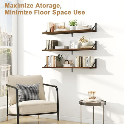 Fun Memories Floating Shelves for Wall, 36 Inches Long Set of 3 Wall Shelves for Bedroom, Floating Bookshelves with Metal Brackets for Living Room, Kitchen, Bedroom and Laundry Room (Walnut)