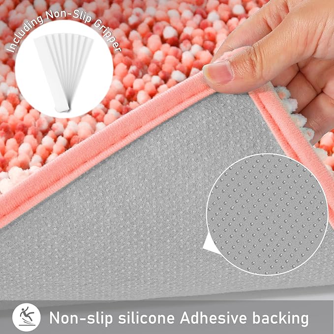 Yimobra Bath Mats for Bathroom Non Slip, 36x24, Extra Soft Chenille Bathroom Rugs, Luxury Fluffy Long Matts for Tub, Plush Shaggy Carpet, Water Absorb, Machine Washable, Orange & Pink