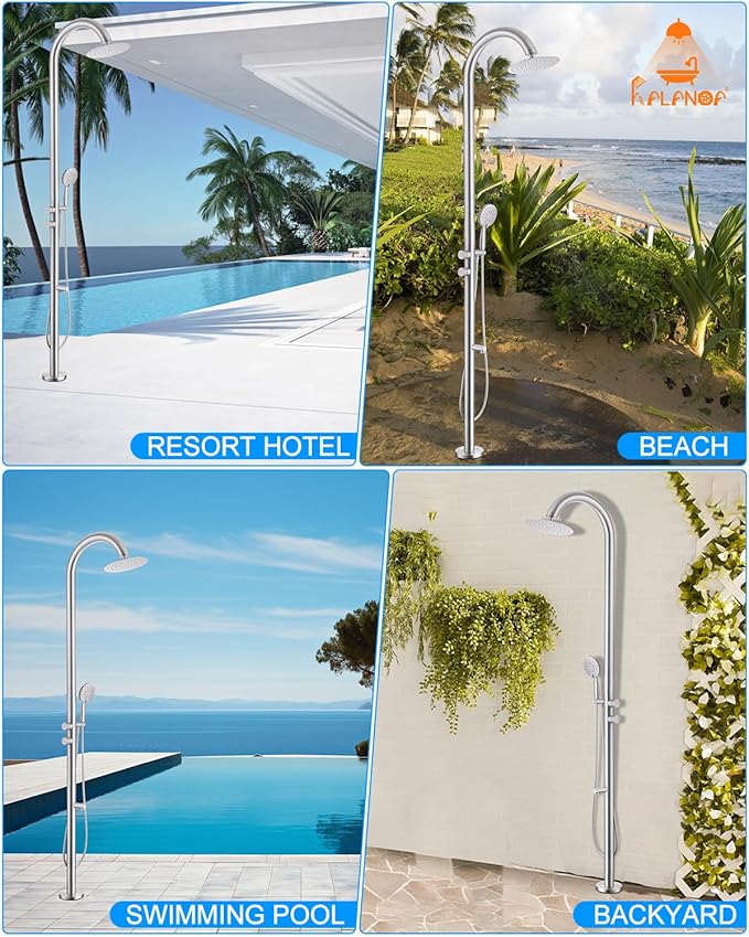 Free Standing Outdoor Shower Stainless Steel, 5-Function Nickel Shower Kit with 10''Rain Shower Head,Outdoor Shower Fixture for Backyard Beach Poolside,Floor Mounted