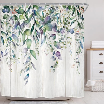 Riyidecor Teal Shower Curtain for Bathroom Decor 72Wx72H Eucalyptus Leaves Plants Watercolor Floral Wooden Board Rustic Botanical Farm Art Printed Fabric Polyester Waterproof 12 Pack Plastic Hooks