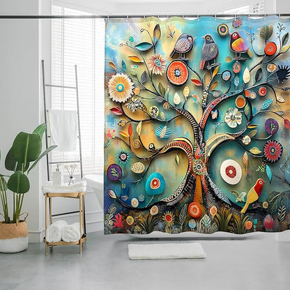 Bohemian Shower Curtain, Boho Floral Print Water Repellent Polyester Fabric for Bathroom Decor, 72×72 Inch Standard Size with 12 Hooks, Also as Room Divider
