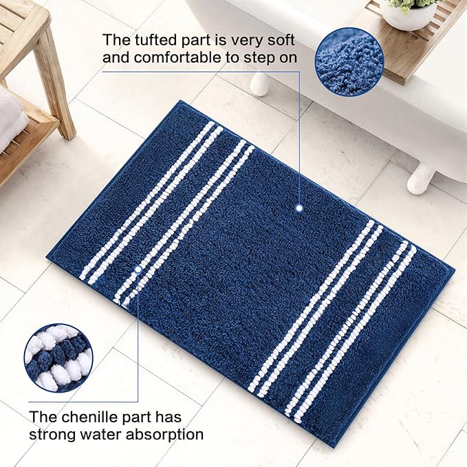Kmson Bathroom Rugs Mat, 17"x24" Ultra Soft Washable Shaggy Chenille Bath Rugs, Non-Slip Fluffy Thick Water Absorbent Microfiber Mat for Bathtub, Sink and Shower, Navy Blue