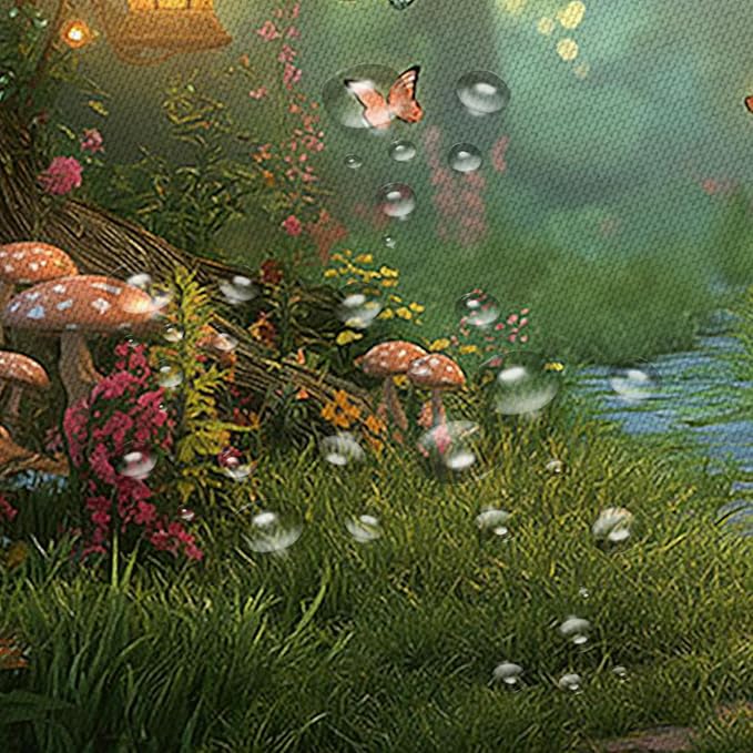 Fantasy Forest Path Shower Curtain Fairy Magical Enchanted Misty Jungle Mushroom Floral Tree Butterfly Lantern Wonderland Plant Bath Curtain Fabric Bathroom Accessories Decor with Hooks 55W x70L