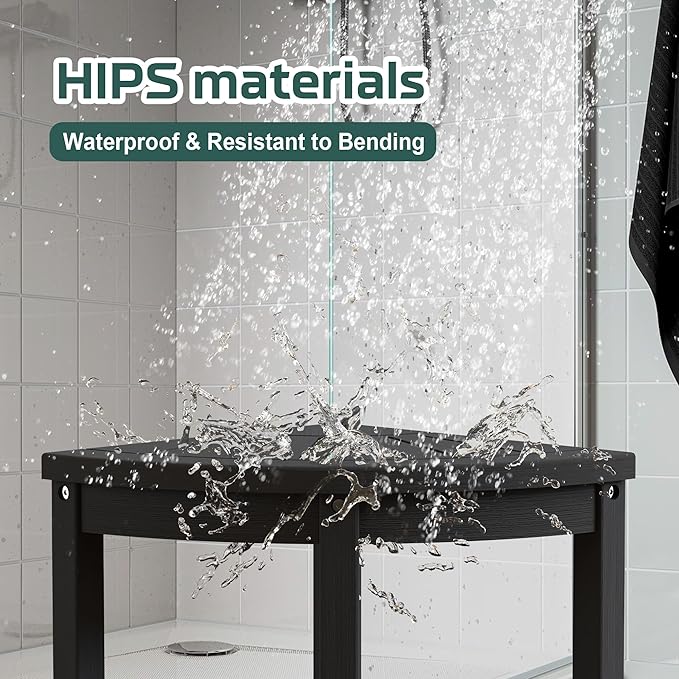 Waterproof Corner Shower Stool for Inside Shower, Poly Lumber Shower Bench Seat Chair, Bath Shower Stool for Shaving Legs Foot Rest with Storage Shelf, Adjustable & Non-Slip Feet, Black