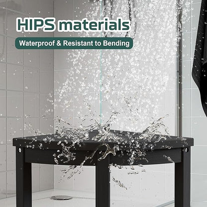 Waterproof Corner Shower Stool for Inside Shower, Poly Lumber Shower Bench Seat Chair, Bath Shower Stool for Shaving Legs Foot Rest with Storage Shelf, Adjustable & Non-Slip Feet, Black