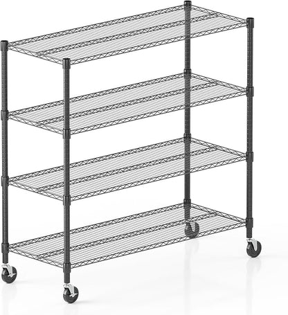 Homdox Heavy Duty Metal Shelves for Storage, 4 Tier Storage Racks and Shelving, Commercial Adjustable Wire Shelving Unit on Wheels, Garage Rack Pantry Shelves Kitchen Shelving, 18"x48"x72", Black