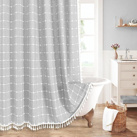 MitoVilla Grey Boho Shower Curtains for Modern Farmhouse Bathroom Decor, Country Thick Polyester Linen Fabric Shower Curtain, Rustic Tassel Cloth Shower Curtain, 72 x 72, Light Grey