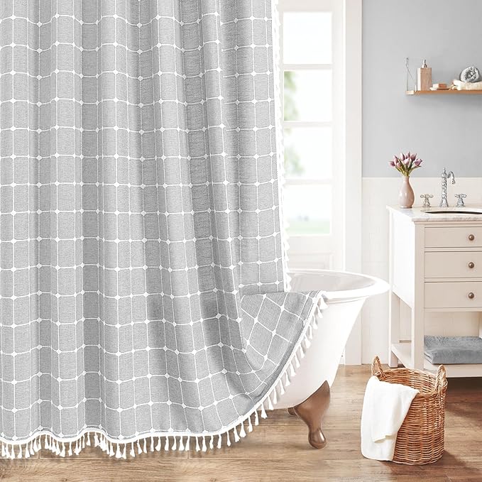 MitoVilla Grey Farmhouse Shower Curtain Set 72 x 78, Boho 78 inch Long Polyester Linen Tassel Fabric Shower Curtain Set for Chic Cottagecore French Rustic Bathroom Decor, Light Grey