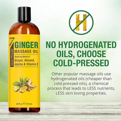 Seven Minerals Ginger Massage Oil for Lymphatic Drainage Massage Therapy - Big 16 oz - Warming and Ultra Relaxing - Therapeutic Grade Essential Oils Soothes Tired Muscles & Relaxes Mind and Body
