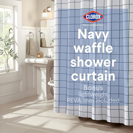 CLOROX Bathroom Waffle Windowpane Pattern Shower Curtain with Waterproof Lightweight PEVA Liner Set, Standard Size, Metal Grommets, No Hooks 72" x 72" - 2 Pc Set - Navy Blue w Frosty PEVA