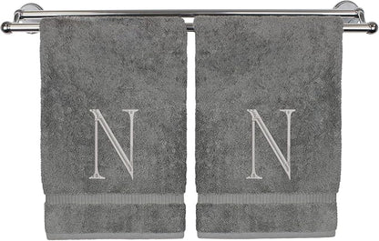 Monogrammed Hand Towel, Personalized Initial Gift, Extra Absorbent 100% Turkish Cotton - Soft Terry Finish - Set of 2 - Silver Block Initial N - Embroidered on Grey Towels
