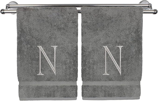 Monogrammed Hand Towel, Personalized Initial Gift, Extra Absorbent 100% Turkish Cotton - Soft Terry Finish - Set of 2 - Silver Block Initial N - Embroidered on Grey Towels