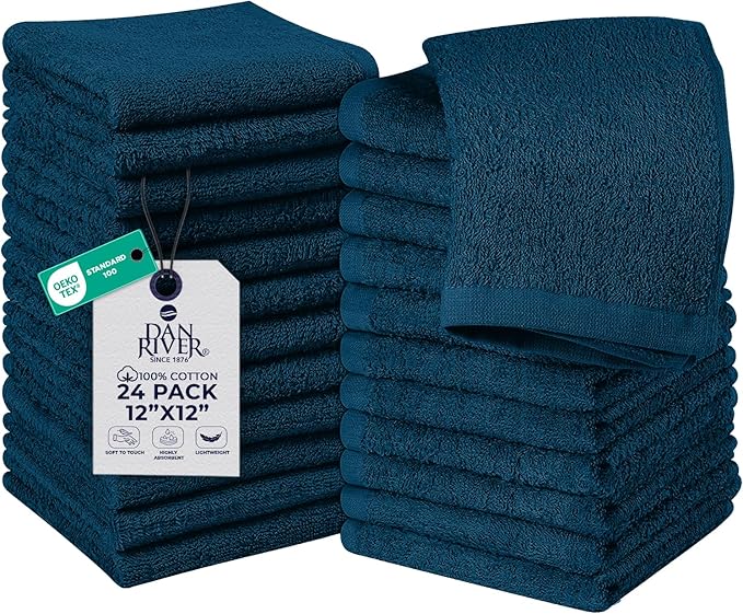 DAN RIVER 24 Pack Wash Cloths for Showering [12x12] - 100% Cotton Washcloths Premium Quality Flannel Face Cloths for Bathroom, Highly Absorbent and Soft Feel Wash Clothes, Blue Opal