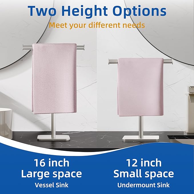 RUACQ T-Shape Hand Towel Holder Stand, Weighted Base Towel Rack, Countertop Towel Holder for Bathroom, 304 Stainless Steel, Heavy Duty (Brushed Nickel)