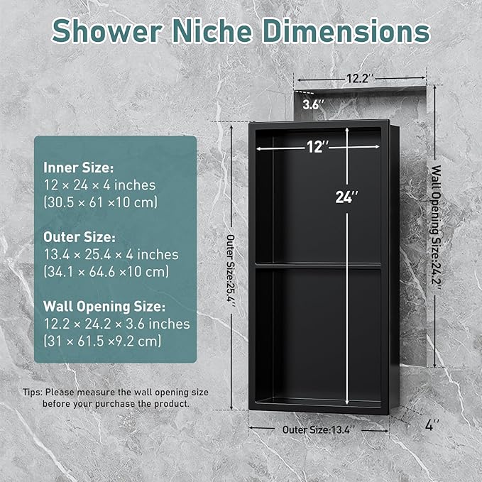 No Tile Needed Shower Niche, 24" X 12"(Outside Size 25.4"X13.4") Bathroom Niche for Shower Wall, Recessed Black Stainless Steel Wall Cabinet Insert for Bathroom