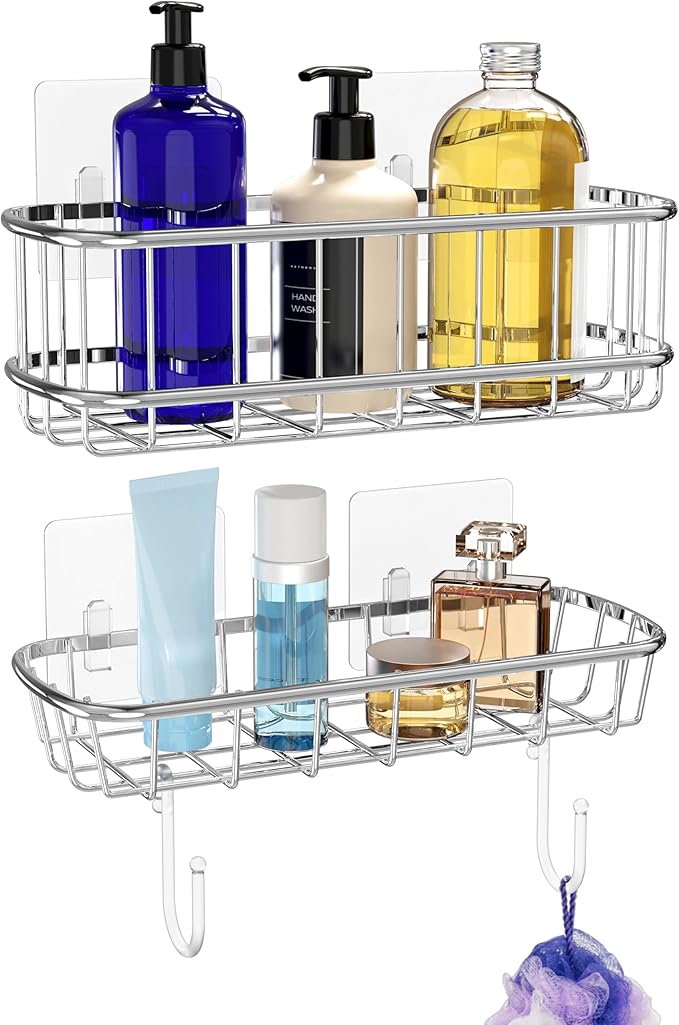 Simple Houseware Bathroom Adhesive Wall Mount Standard Shower Caddy w/Hooks, Chrome, 2 Pack