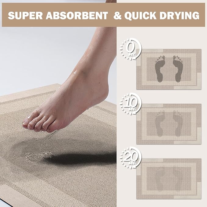 Non Slip Long Bath Mat Bathroom Runner, Rubber Backing Ultra Thin Bathroom Rugs Fit Under Door Quick Dry Super Absorbent Washable Bath Rug Shower Mat for Bathtub Sink Floor, Beige 24"x48"