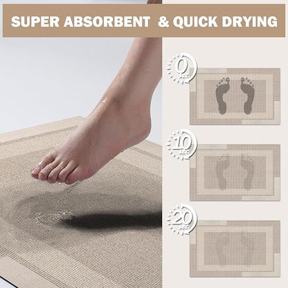 Non Slip Long Bath Mat Bathroom Runner, Rubber Backing Ultra Thin Bathroom Rugs Fit Under Door Quick Dry Super Absorbent Washable Bath Rug Shower Mat for Bathtub Sink Floor, Beige 17"x47"