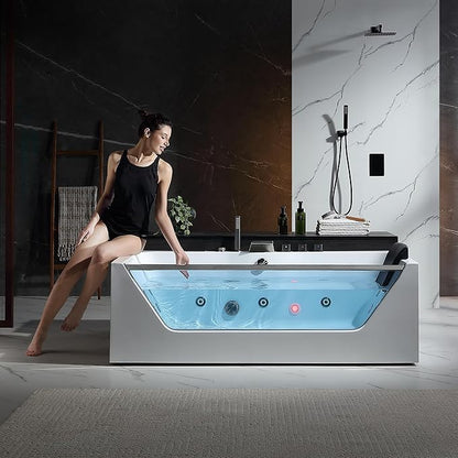 Empava Acrylic Whirlpool Bathtub, 71-Inch Jetted Bathtub with Heater, 10 Jets Hydromassage with Chromatherapy, 3-Side Apron with LED Control Panel, Waterfall, Brushed Nickel Hardware and Nozzle