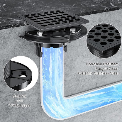 Uni-Green 4 Inch Shower Floor Drain with Flange, Square Shower Drain kit with Hair Strainer, Removable Octagon Strainer Cover, SUS 304 Stainless Steel & CUPC Certified - Matte Black