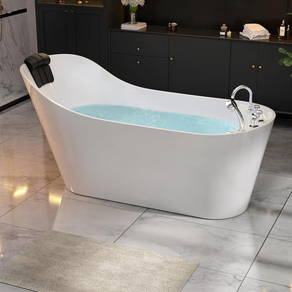 Empava 67 in. Acrylic Freestanding Bath Tub Hydromassage Gracefully Oval Shaped 7 Water Jets Soaking SPA, Single-Ended Massage Bathtubs with Pillow, ETL Certified