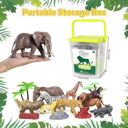 10 Big Realistic Safari Animal Toys for Kids 3-7, Jungle Figures Set with 12 Accessories & Storage Bucket, Educational Plastic Toys