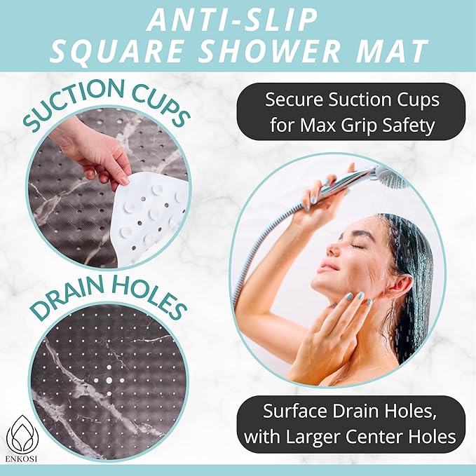 ENKOSI Square Shower Mat 21 x 21 – Anti Slip Shower Mat with Secure Suction Cups and Drain Holes – Square Shower Stall Floor Mats with Black Marble Design (Marble Black 21x21)