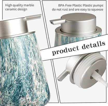 Enra Ceramic Hand Soap Dispenser,12 oz Blue Lotion Dispenser Bathroom Liquid Refillable Dish Soap Dispenser for Bathroom Kitchen with Easy-to-Press Silver Pump (Blue Liquid Type)