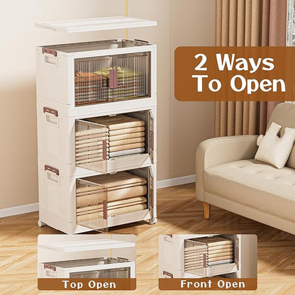 60GAL/240QT 4 tier large stackable storage bins with lid and wheels, collapsible storage bins plastic with doors，suit for clothes, closet, home and office