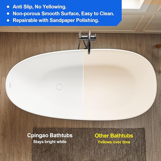 Cpingao 55" Stone Resin Freestanding Bathtub Contemporary Soaking Matte White Tub with Drain and Overflow, 8848-1400