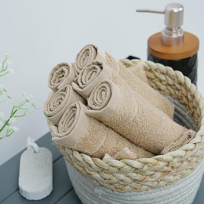 Tens Towels Pack of 24 Washcloths, 12 x 12 Inches, Lighter Weight, Quick to Dry, Super Soft & Absorbent, Gentle Face Towels, Hotel Quality, Perfect for Bathroom, Gym, Spa (Beige, 24 Pack)