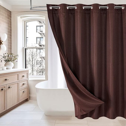 MitoVilla No Hooks Need Brown Waffle Shower Curtain Liner Set, Modern Waffle Weave Fabric Shower Curtains Set with Snap-in Liner for Luxury Hotel Grade Spa-Like Bathroom Decor, Dark Brown, 72 x 74