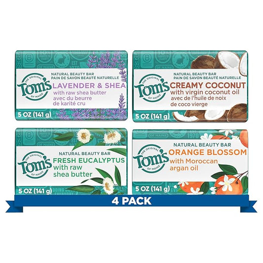 Tom’s of Maine Natural Bar Soap Variety Pack, Lavender & Shea, Creamy Coconut, Orange Blossom, Lemon Bergamot, Dermatologically Tested, Paraben Free, Vegan, 4 Count