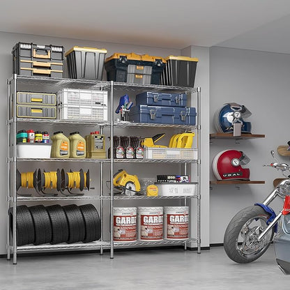 5 Tier Storage Racks Shelving, Heavy Steel Pantry Shelves, Adjustable Wire Shelving Rack, Suitable for Garage, Kitchens, Offices, 58" W x 14" D x 71" H, Chrome