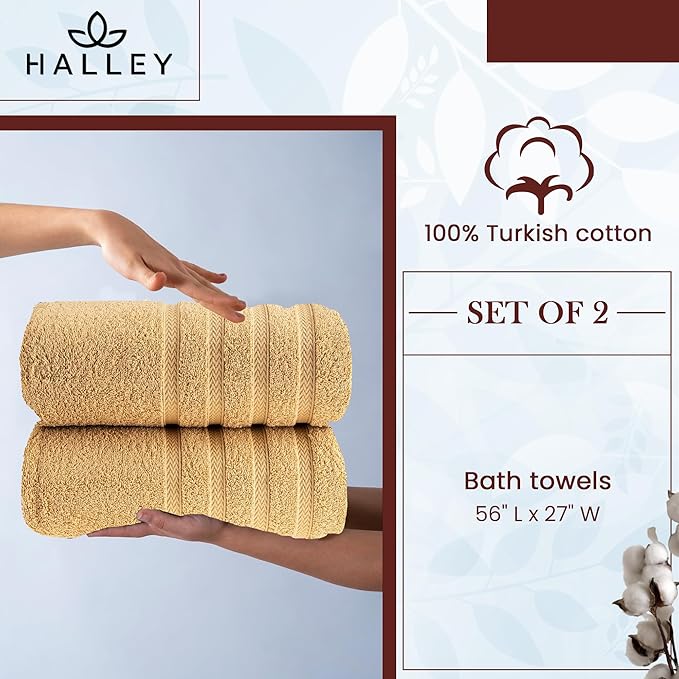 HALLEY Turkish 2 Pack Premium Bath Towels (2 Pieces) 650 GSM Highly Absorbent Super Soft 100% Cotton - 2 Bath Towels (Yellow)