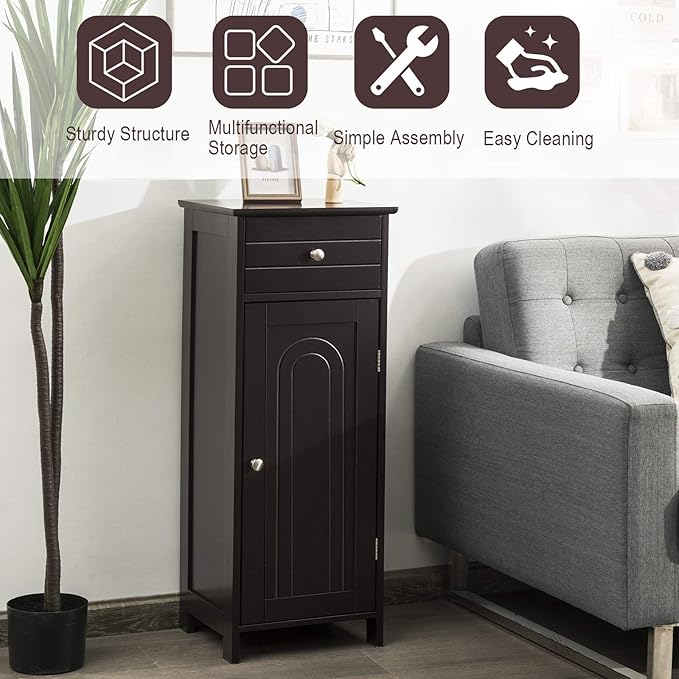 DORTALA Bathroom Floor Cabinet, Free-Standing Wooden Floor Storage Cabinet w/Large Drawer & 2 Adjustable Shelves, Morden Side Storage Bathroom Organizer Cabinet for Living Room, Brown