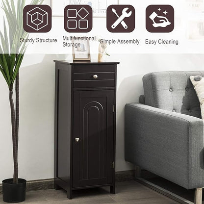DORTALA Bathroom Floor Cabinet, Free-Standing Wooden Floor Storage Cabinet w/Large Drawer & 2 Adjustable Shelves, Morden Side Storage Bathroom Organizer Cabinet for Living Room, Brown