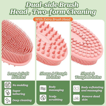 Silicone Back Scrubber for Shower, Gentle Exfoliating Body Scrubber & Back Washer with Handle, Silicone Loofah with Two Dual-Side & Replaceable Brush Heads(Blue-Two Heads)