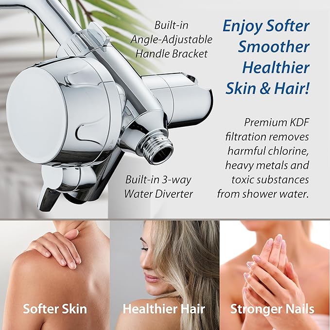 AquaCare Skin & Hair - World's Only Shower Head Combo Filter with Built-in 3-way Water Diverter, ON/OFF Filtration Modes, Instant Cartridge Reload & Stay-Clean American KDF Cartridge, Chrome Finish